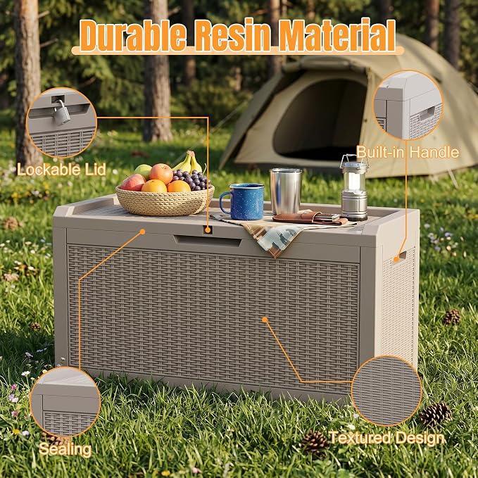 Outdoor Storage Box,98 Gallon Waterproof Resin Patio Deck Box | UV Resistant Lockable Package Delivery Bin, Toy Cabinet, Shoe & Garden Tools Storage, Ottoman, Indoor/Outdoor