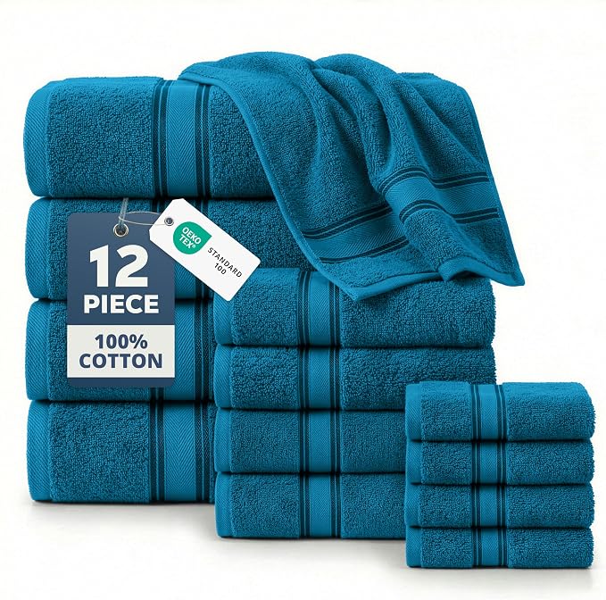 LANE LINEN Towel Set Quick Dry 100% Cotton 12 Piece Soft - Sea Port | Cotton Towels For Bathroom - Zero-Twist Durability, Zero-Twist Cotton, Terry Weave Comfort, Long-Lasting Comfort