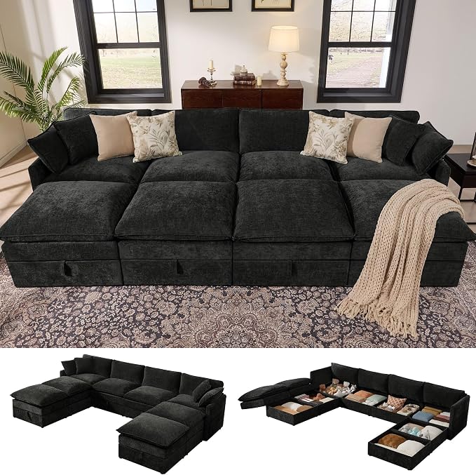 Ihanherry 135” Oversized Sectional Sofa Bed with Storage, 8-Seater Modular Cloud Couch with Movable Ottomans, Chenille Deep Seat Sleeper Couches for Living Room (Black)