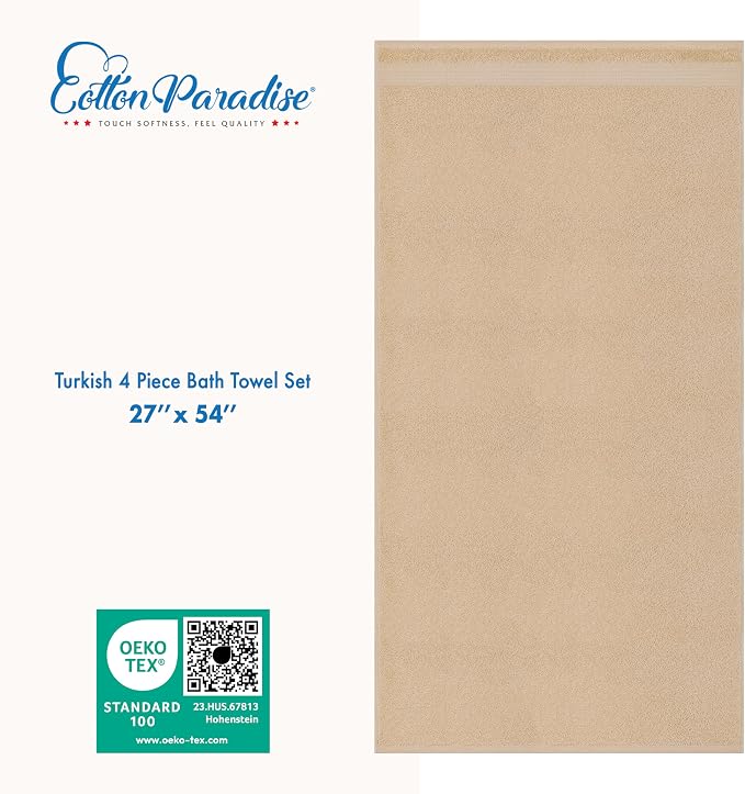 Cotton Paradise Turkish Towel Set, Soft Absorbent Quick Dry, 4 Piece Bath Towel Set, Beige