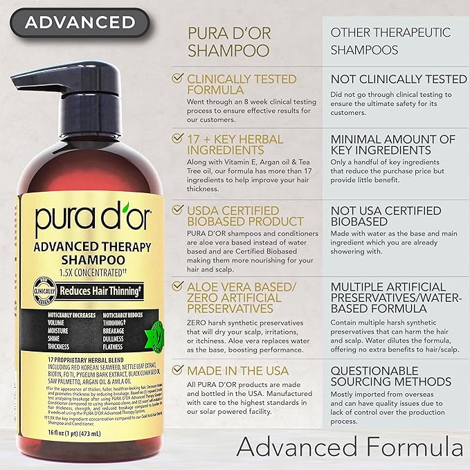 PURA D'OR Advanced Therapy Biotin Shampoo & Hair Regrowth Conditioner Set For Hair Thinning, CLINICALLY TESTED Effective Thickening Results, For Women & Men, Invigorating Forest Scent, 16oz x2