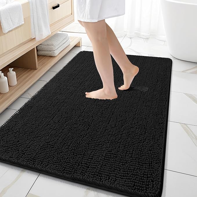 OLANLY Large Bathroom Rugs 59x35, Extra Soft Absorbent Chenille Bath Rugs, Rubber Backing Quick Dry, Machine Washable Bath Mats for Bathroom Floor, Tub and Shower, Home Decor Accessories, Black