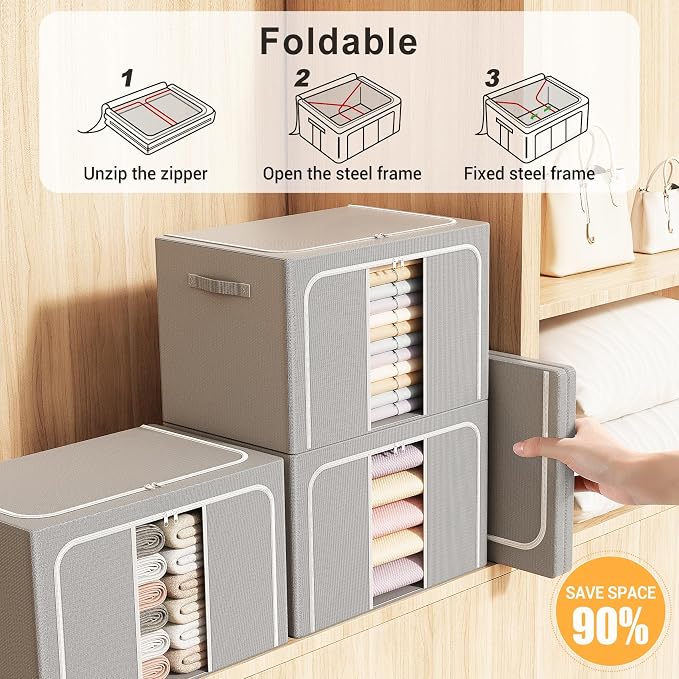 Clothes Storage Bins with Metal Frame Foldable Storage Box Clothes Organizers Storage Containers for Clothes Sheets Blankets Books Toys Gifts and Holiday Decorations (24Lx3 Pack)