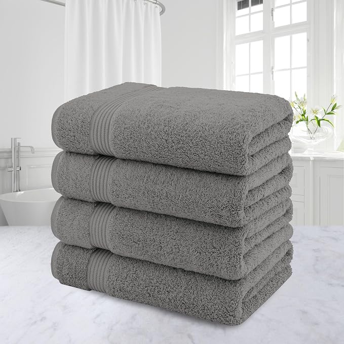 American Veteran Towel, 100% Cotton Turkish Bath Towels for Bathroom 4 Pack, 27x54 Extra Large Premium Soft Drying Bathroom Towels, Light Grey