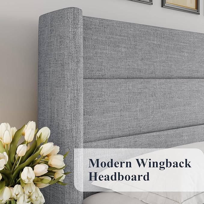 Allewie Full Size Lift Up Hydraulic Storage Bed Frame Light Grey | Modern Wingback Headboard, Hydraulic Support Storage, No Box Spring Needed