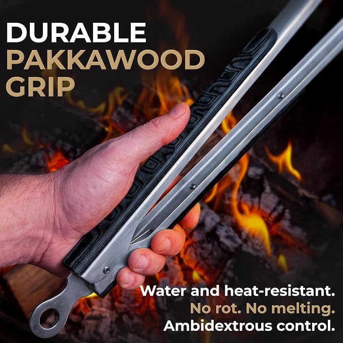 32-Inch Heavy Duty Long Grill Tongs for BBQ & Outdoor Cooking | 1.0mm Thick stainless steel & Pakkawood handles. Extra long tongs for campfire camping cooking essentials & fireplace tools