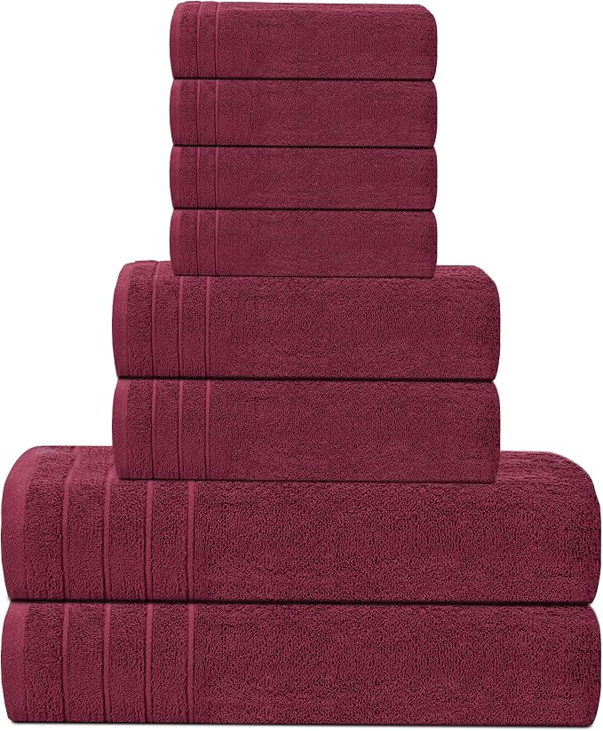 Tens Towels 8 Piece Towel Set, 2 XL Bath, 2 Hand, 4 Washcloth, Burgundy | 100% Cotton, Lighter Weight, Quicker to Dry, Super Absorbent, Perfect for Bathroom