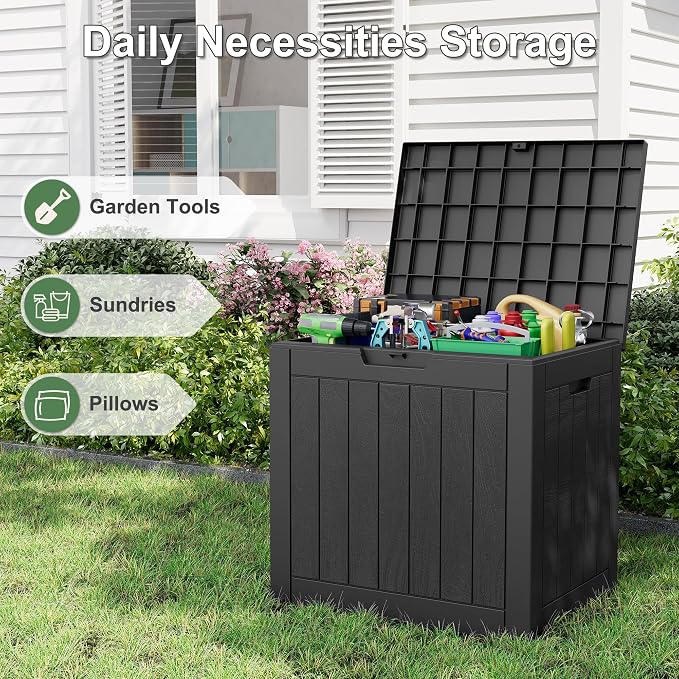 Deck Box, 32 Gallon Resin Indoor and Outdoor Storage Boxes Waterproof for Garden Tools, Pool Accessories Storage Bench, Patio Furniture and Cushions with Lockable Lid, Black