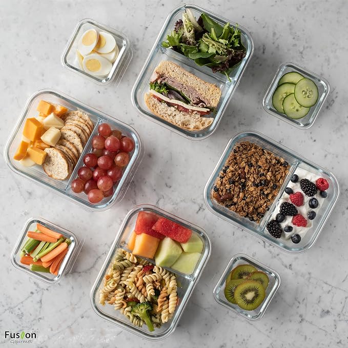 Glass Prep Containers - 8 Pack 2 Compartment 33 oz | High Borosilicate, 4 Large 980 ml, 4 Small 140 ml, BPA-Free Lids, Airtight Silicone Seal, Oven Safe 752 F, Dishwasher Safe