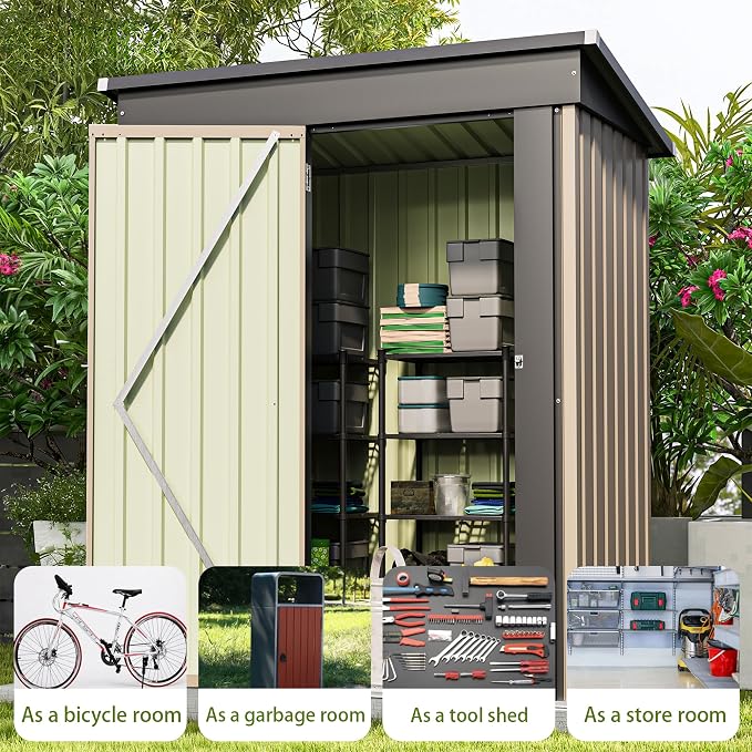 Patiowell 5x3 FT Outdoor Storage Shed, Tool Shed with Sloping Roof and Lockable Door, Metal Shed for Backyard Garden Patio Lawn, Brown