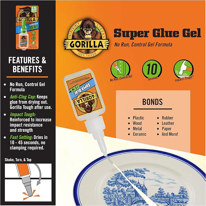 Gorilla Super Glue Gel, 15 Gram, Clear, (Pack of 6)