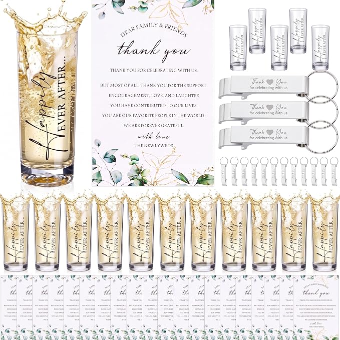 Sliner 50 Set Wedding Favor for Guest Bulk 2oz Acrylic Shot Glasses with bottle opener keychain Thank You Card Organza Bag for Guest Souvenirs Wedding Gift Bridal Shower Party (Romantic)