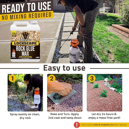 PetraMax Lockscape Rock Glue for Landscaping, 1 Gal (Made in USA) - 100% Permeable & Pet-Safe Landscape Adhesives for Stones & Pebbles - Ready to Spray Pea Gravel Binder & Mulch Glue for Landscaping