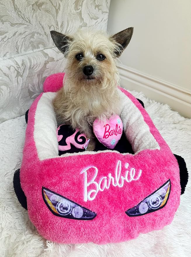 Megatoys Barbie Plush Car Pet Bed- Themed Plush Pink Pet Bed for Dogs and Cats – Soft and Cozy Pet Bed with Barbie Pillow and Car Design