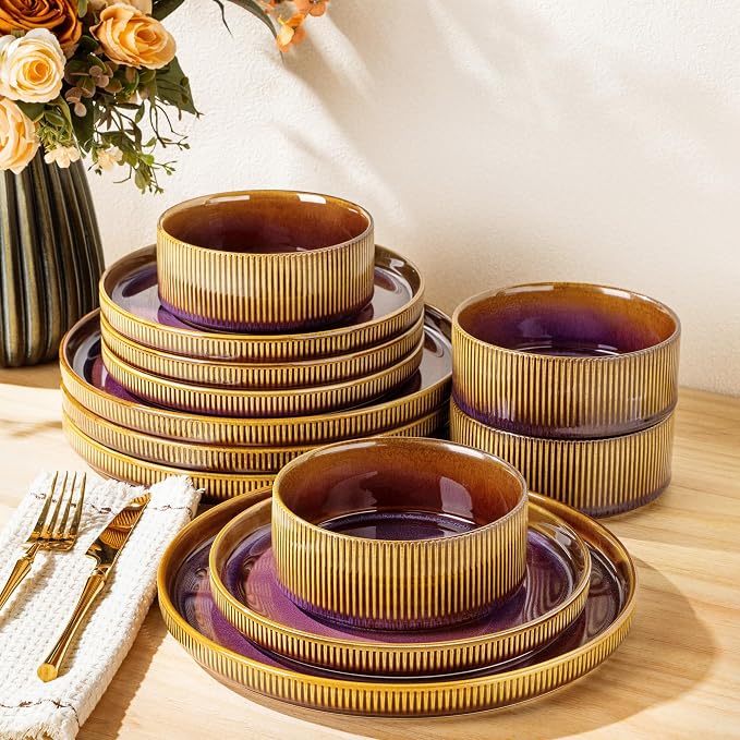 TheTerra Ceramic Dinnerware Sets for 4, 12 Pieces Porcelain Lightweight Plates and Bowls Sets, Scratch Resistant Dish Set, Oven & Microwave & Dishwasher Safe, Amber Amethyst