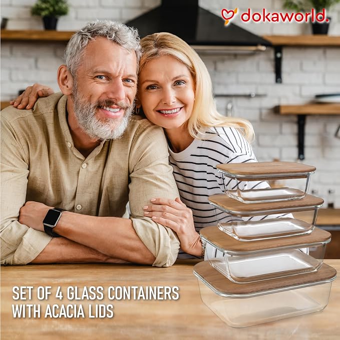 Glass Container Set with Acacia Lids - 4 Stackable Meal Prep Containers. Durable heat resistant Inert Borosilicate Glass