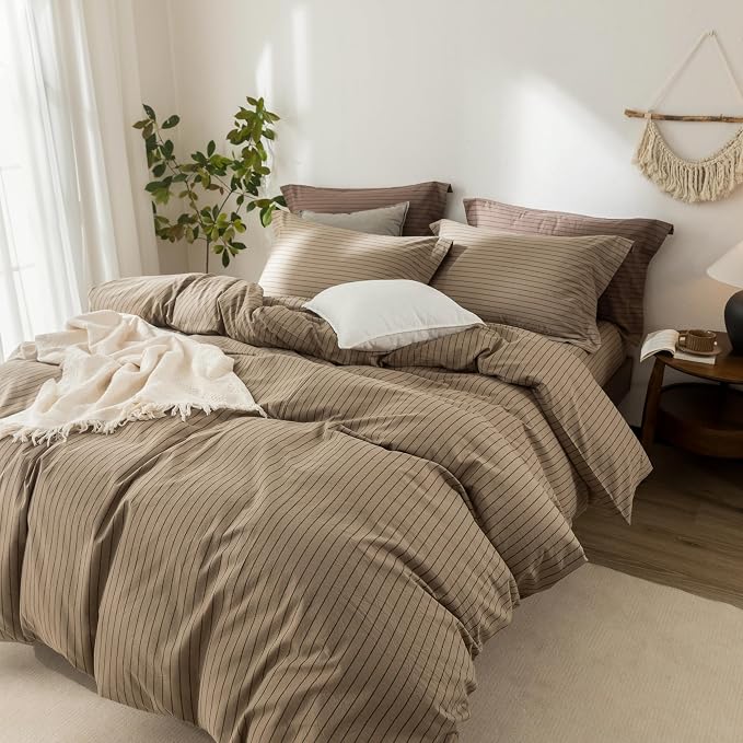 Stripe Duvet Cover King Size 104inch x 90inch,100% Washed Cotton Pinstripe Duvet Cover with Zipper Closure and 2 Pillowcases, Color of Light Camel-Black Stripe