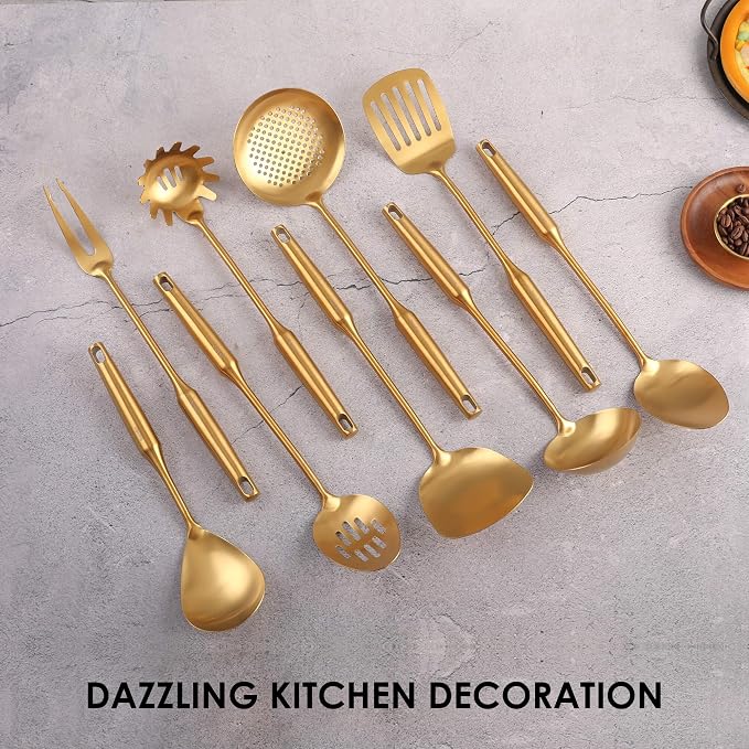 Gold Kitchen Utensils Set - 15" All Metal Cooking Tools Set of 9 | 18/10 Stainless Steel Cooking Utensils - Fork, Solid/Slotted Spoon, Spatula, Ladle, Skimmer, Turner, Pasta Spoon, Large Spoon