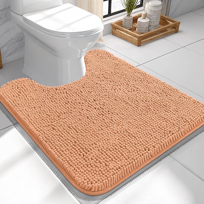 OLANLY Toilet Rugs U-Shaped 24x24, Extra Soft Absorbent Chenille Contour Bathroom Rugs for Toilet, Dry Quickly, Machine Washable, Non-Slip Bath Mat, Peach