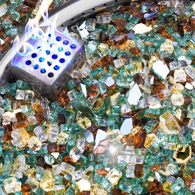 NUPICK 20 Pound Fire Glass, 1/4 Inch Reflective Fire Pit Glass | Fire Pit Rocks for Propane or Natural Gas, Glass Rocks for Fire Pit Table, Fireplace, Fire Bowl, Gold & Green & Copper Mix