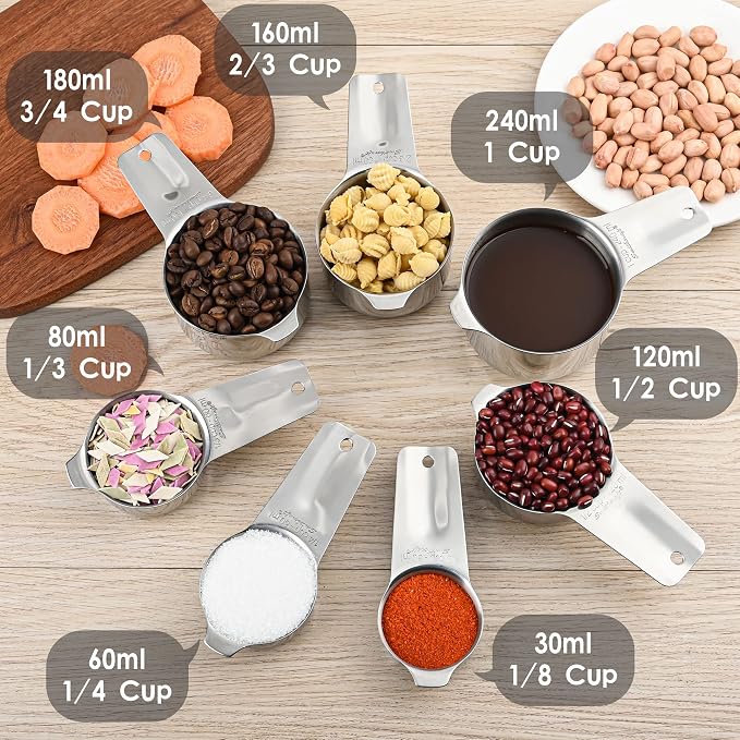 Measuring Cups and Spoons Set, 18/8 Stainless Steel Measuring Cups and Spoons Set, Metric & US Measuring Tools Set, Heavy Duty 7 Cups and 9 Spoons 1 Leveler for Baking and Kitchen