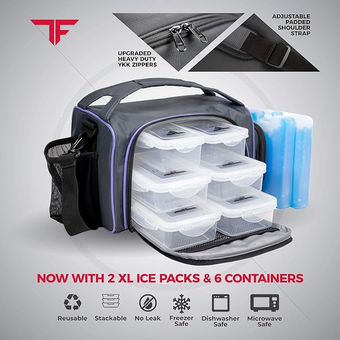 Insulated Meal Prep Lunch Box with 6 Containers, 2 Ice Packs, Purple | Leak-Proof BPA-Free Containers, Shaker Cup, Pill Organizer, Microwave and Freezer Safe, for Work and Gym, ThinkFit
