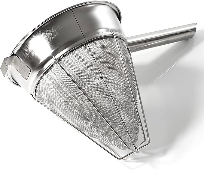 Bouillon Strainer - Stainless Steel Fine Mesh Metal Food Chinois, Cone Separator, Kitchen Colander Sieve for Sauce Jam Jelly Tea, 8" - With Spatula
