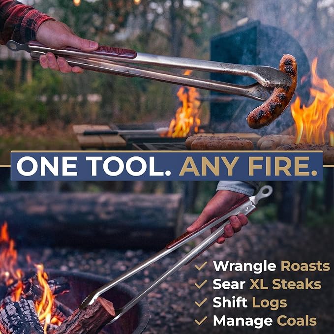 25-Inch Heavy Duty Metal Grill Tongs for Outdoor Grill & Log Fire | 1.0mm Thick stainless steel & Pakkawood handles. Extra Long Metal BBQ Tongs for Grilling Charcoal Cooking, Fire Pit Tools