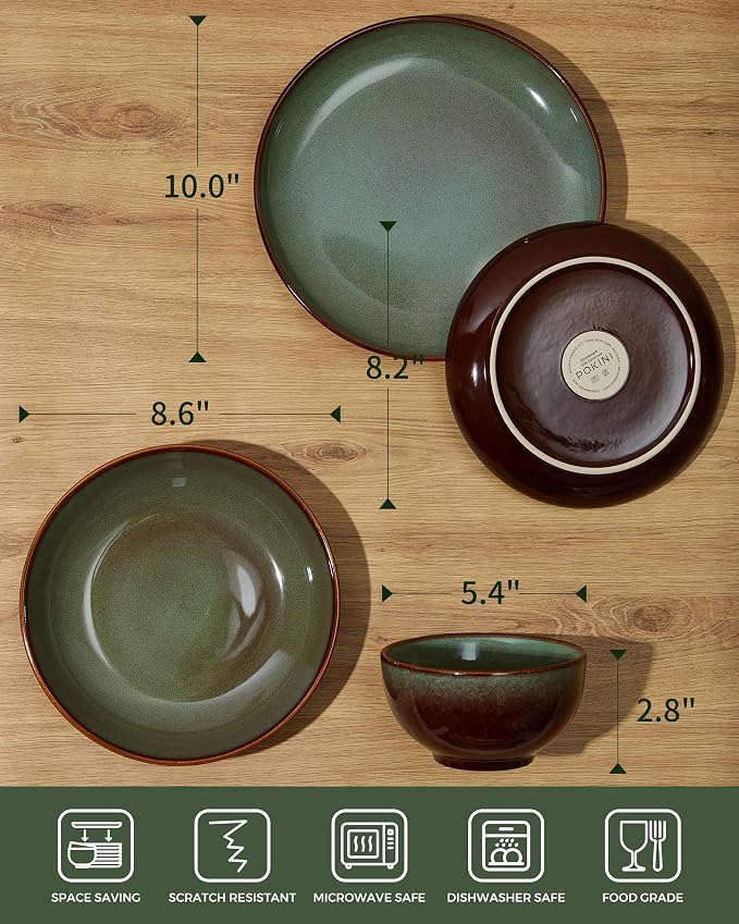 Pokini 24 Piece Double Bowl Dinnerware Sets with Pasta Bowls, Highly Chip and Crack Resistant Plates and Bowls Sets, Natural Earthyware Ceramic Dishware Sets, Service for 6 Brown Green