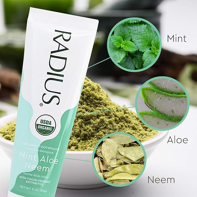 RADIUS USDA Organic Toothpaste 3oz Non Toxic Chemical-Free Gluten-Free Designed to Improve Gum Health & Prevent Cavity - Mint Aloe Neem - Pack of 6