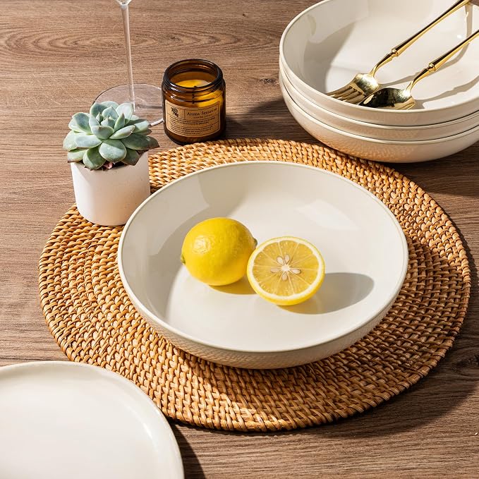 AmorArc 8.5'' Large Ceramic Pasta Bowls, 36oz Stoneware Pasta Serving Bowls Set of 4 for Kitchen, Wide Bowls for Pasta,Salad,OatmeaL,Microwave Safe, Reactive Glaze-Vanilla