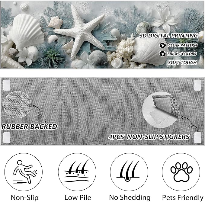 Starfish Seashell Runners Rug for Hallway 2x6 - Seaside Coastal Runner Rug, Soft Non Slip Washable Long Rugs, Ocean Themed Carpet Runner for Hallways Kitchen Corridor Entryway