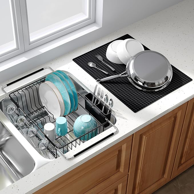 JASIWAY Black Dish Drying Rack in Sink with Mat, Cups and Utensil Holder | Use Over the Sink or Counter, Stainless Steel Expandable Dish Drainer for Small Kitchen, Space Saving, Fast Drain, Rustproof