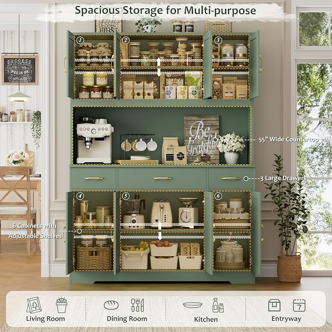 HOSTACK 71" Tall Kitchen Pantry Storage Cabinet, 55" W Kitchen Hutch, Green | Large Pantry Cabinet with Charging Station / Countertop / 3 Drawers, Farmhouse Hutch Cabinet with Storage for Dining Room