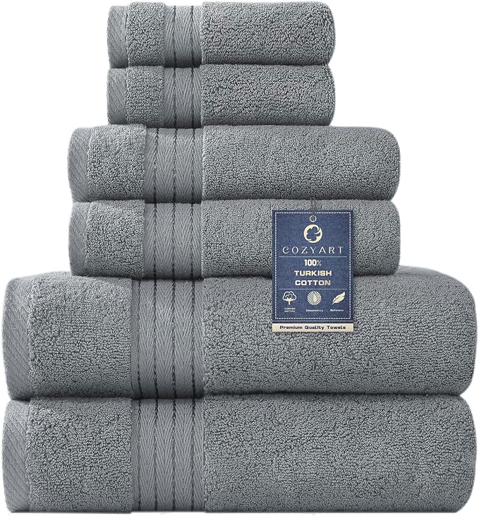 COZYART Luxury Bath Towel Set 6 Pcs, Grey 100% Turkish Cotton 650 GSM | OEKO-Tex 100 Certified Zero Twist Ring Spun, Soft Absorbent Quick Dry, Plush Fluffy, Breathable Hotel Quality for Daily Use