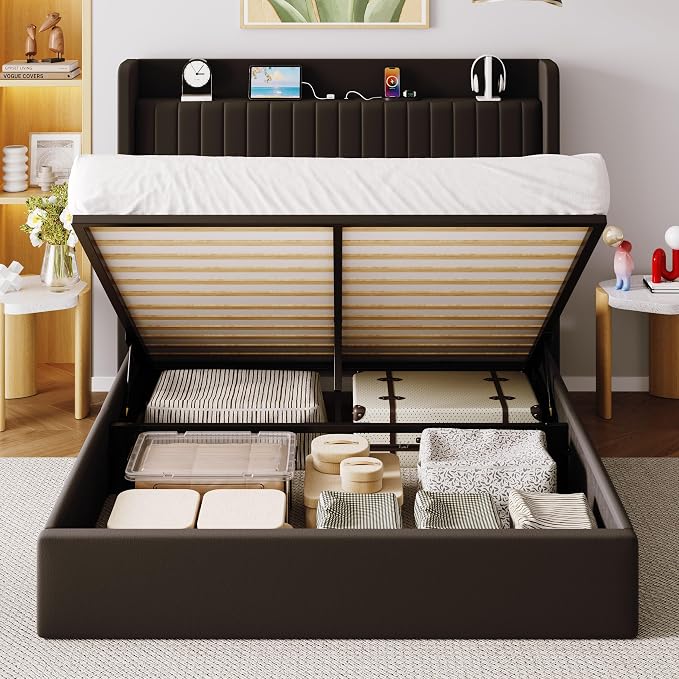 Allewie Full Lift Up Storage Hydraulic Bed Frame,Charging Station,Black | Storage Shelf Headboard with Charging Station,Type-C,USB Ports,Hydraulic Support,Velvet Upholstered,No Box Spring Needed