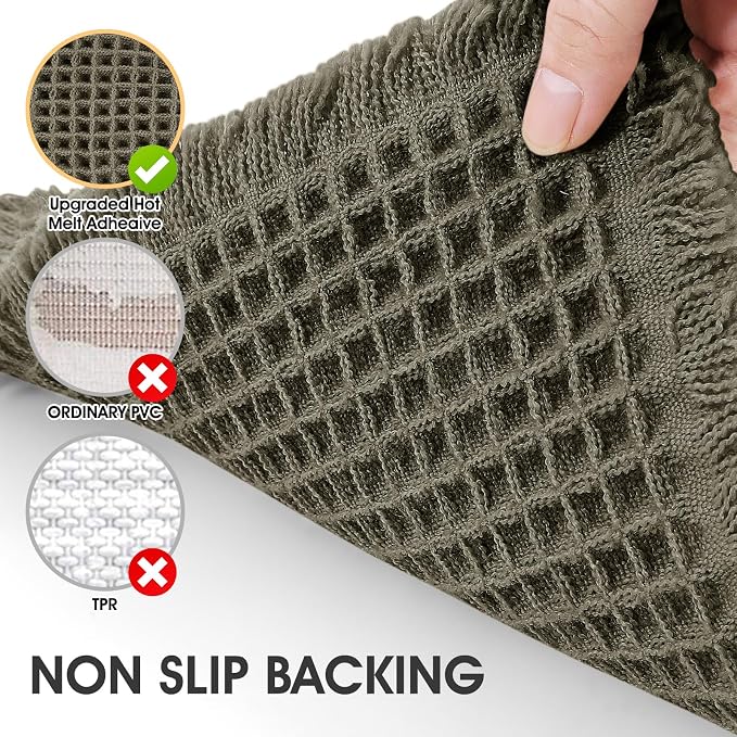 IM HOME Waffle Bath Mat Set 3 Piece Olive Green,Woven Modern Bath Rug Mats, Absorbent Non Slip Bath Floor Mat, Soft Washable Boho Bath Rugs with Tassels for Bathroom, Bedroom, Kitchen,Tub