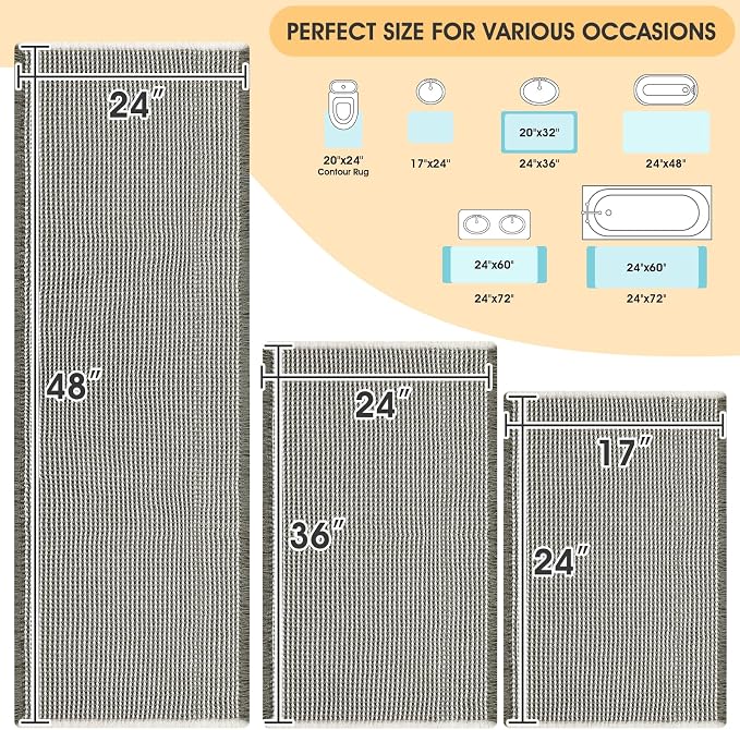 IM HOME Waffle Bath Mat Set 3 Piece Green & Cream,Woven Modern Bath Rug Mats, Absorbent Non Slip Bath Floor Mat, Soft Washable Boho Bath Rugs with Tassels for Bathroom, Bedroom, Kitchen, Tub