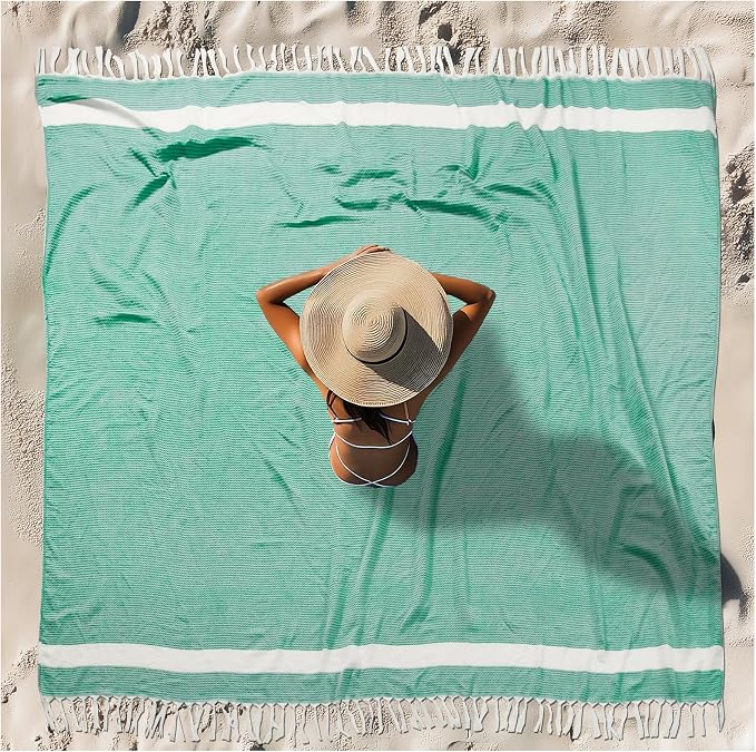Vikumond Turkish Beach Towel Blanket Oversized 88x82 Inch Quick Dry Green | Lightweight Compact Portable Sand Free Absorbent Boho Woven Throw for Pool Swimming Picnic Camping Cruise Outdoor Essentials