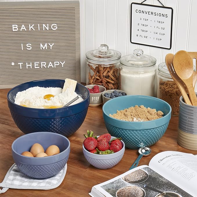 Tabletops Gallery Hobnail Style 4 Piece Blue Storm Stoneware Nesting Mixing Bowl Set for Baking and Cooking