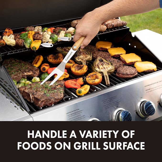 Cuisinart CGS-1100 (Spatula, Locking Tongs, Fork, Basting Brush) 4-Piece Grill Tool Set, Ash Wood Handle
