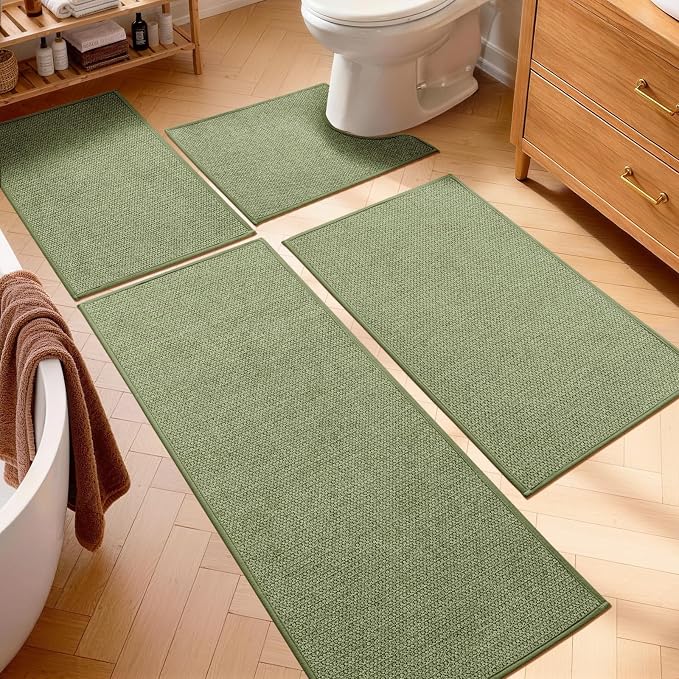 YIHOUSE Green Bathroom Rugs Sets 4 Piece, Quick Dry Non Slip Thin Bath Mat with Toilet Rug, Absorbent Machine Washable Bath Runner Rugs for Bathtub Sink Home Decor