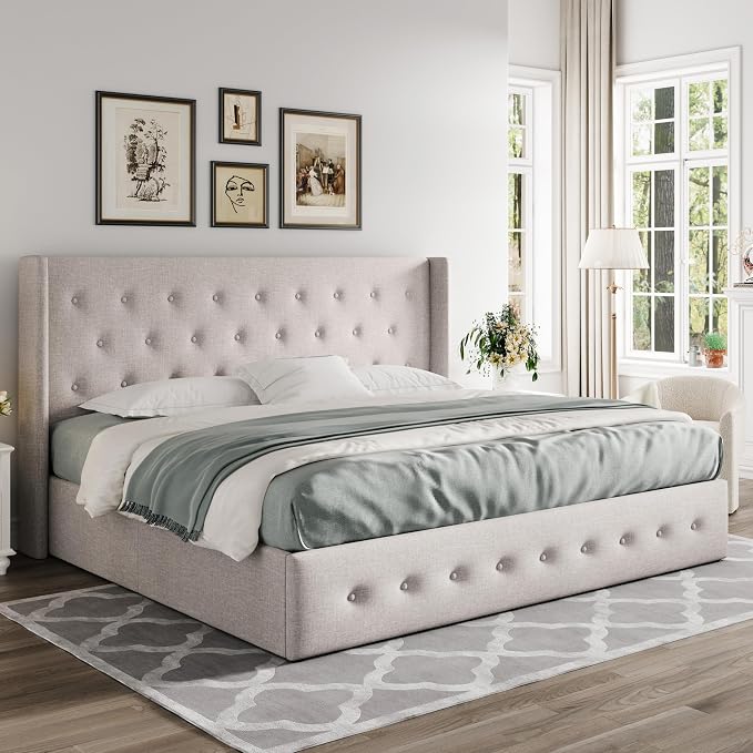 Allewie King Size Lift Up Storage Button-Tufted Bed Frame Light Beige | Modern Wingback Headboard, Hydraulic Support Storage, No Box Spring Needed