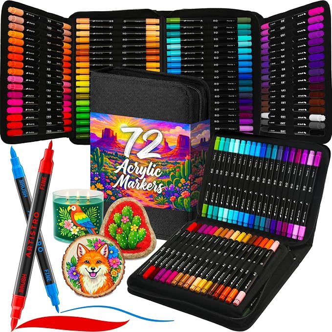 ARTISTRO Acrylic Paint Pens With Storage Bag for Calligraphy - Markers With Brush and Fine Precision Tips - Multisurface Painting for Fabric, Rock, Glass, and More (72 Markers, Dual Tip Brush + Fine)