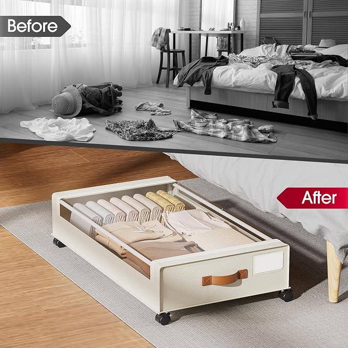 Yecaye 60L Under Bed Storage Containers with Wheels, 2 Pack Under Bed Storage Containers, Underbed Shoe Storage with Clear Window & Label, Rolling Under Bed Metal Drawer for Shoes, Clothes, Beige