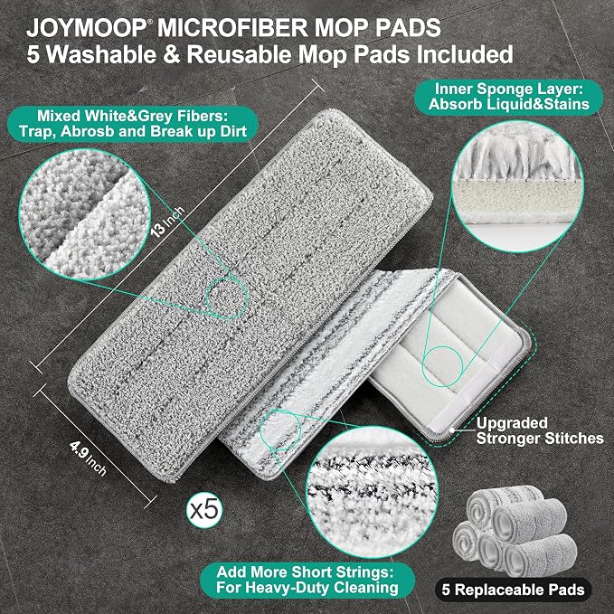 JOYMOOP Flat Mop System, Microfiber Mop and Bucket Set, White, Hands-Free Floor Cleaning Set with Wringer, 60" Handle, Wet and Dry Use, 5 Reusable Pads
