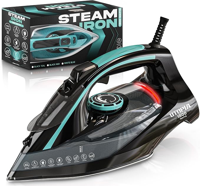 Utopia Home Steam Clothes Iron - 1800W (Black Teal) Non-Stick Soleplate | Nonstick Soleplate With Auto-Off Safety Feature - Adjustable Thermostat Control, Variable Steam Control, Self-Clean, 8ft Cord