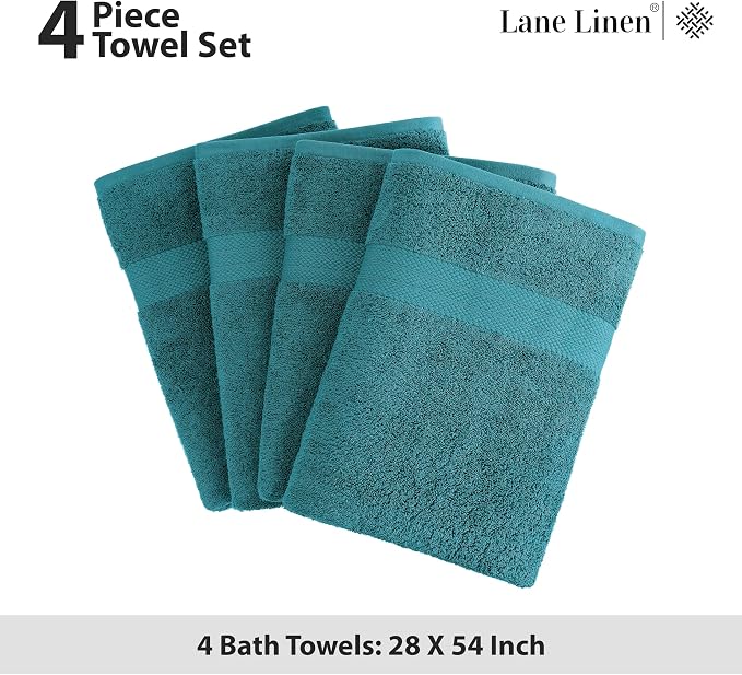 LANE LINEN Bathroom Towel Set 4 Piece Soft Absorbent Quick Dry - Sea Port | Cotton Towel Set - Coordinated Colors, Dobby Border Accent, OEKO-TEX Certified, Ring-Spun Durability, Ring-Spun Cotton