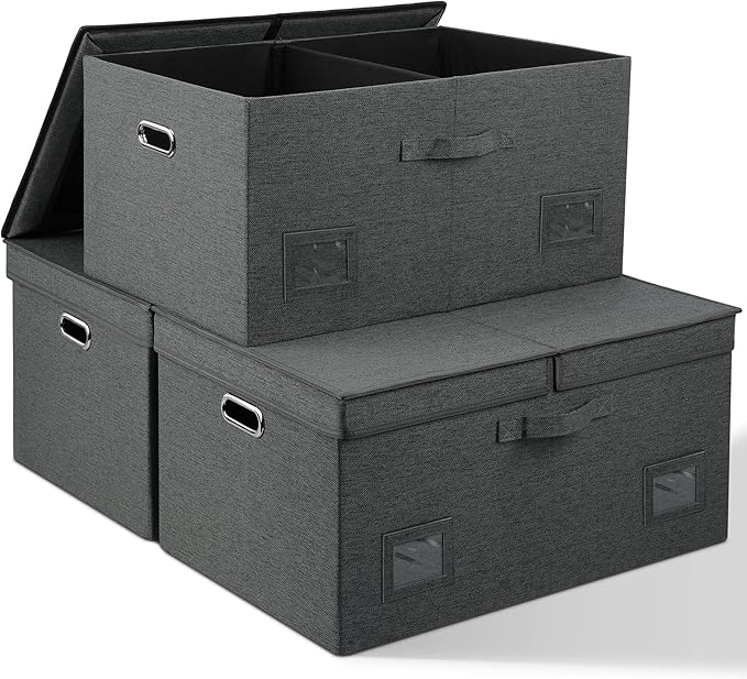 Graciadeco 75 Quarts Extra Large Decorative Storage Bins with Lids, 3 Packs Dark Gray Collapsible Storage Bins with Lids, Stackable Storage Bins Decorative Box Storage With Lid Extra Large