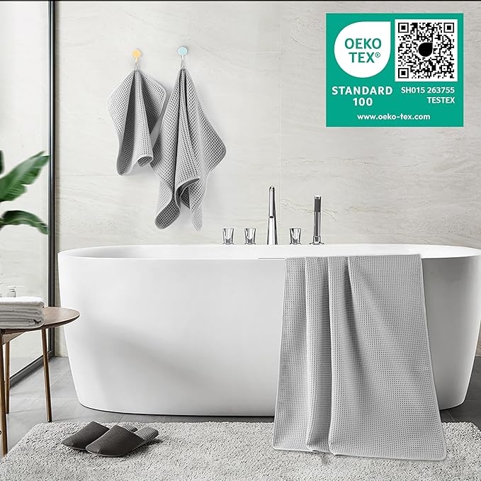 POLYTE 430 GSM Microfiber Quick Dry Lint Free Oversize Bath Towel Set, 6 Piece (Waffle Weave)